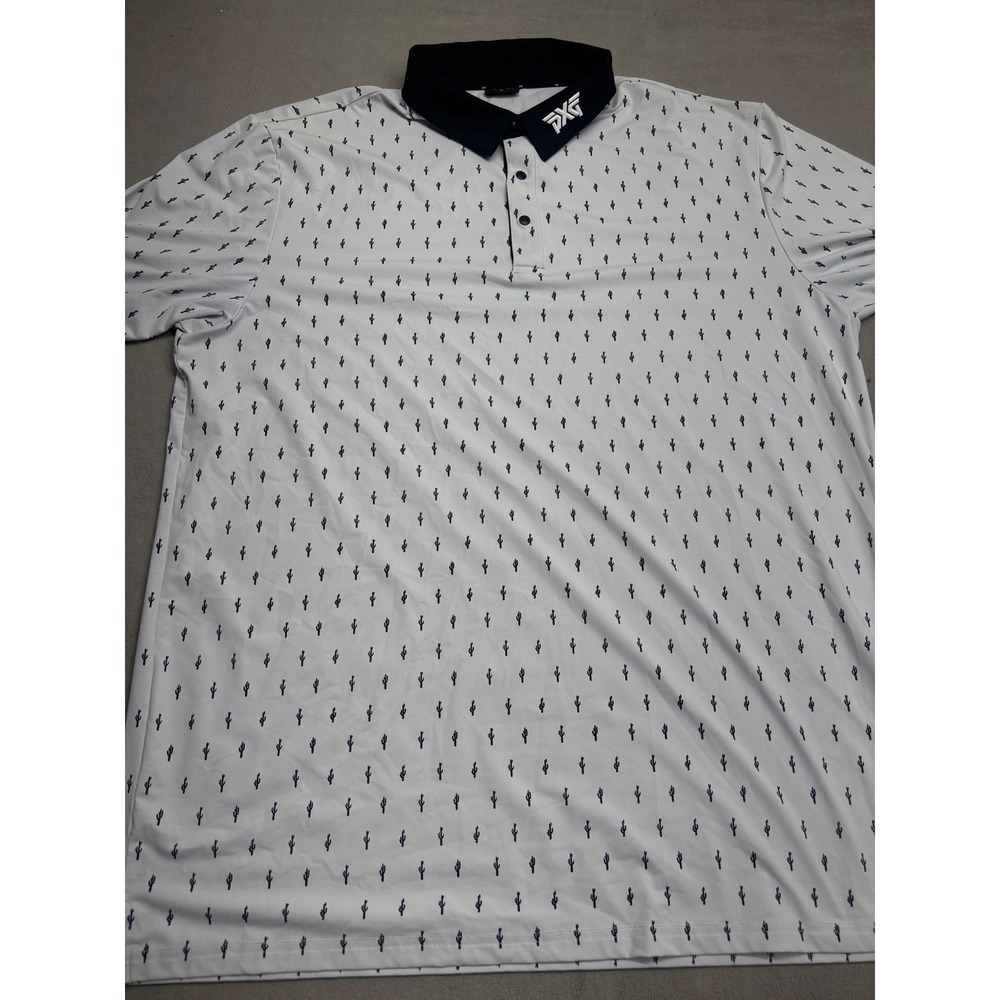 PXG Mens XL Cactus Print Golf Polo Shirt White Navy Blue Short Sleeve Sport